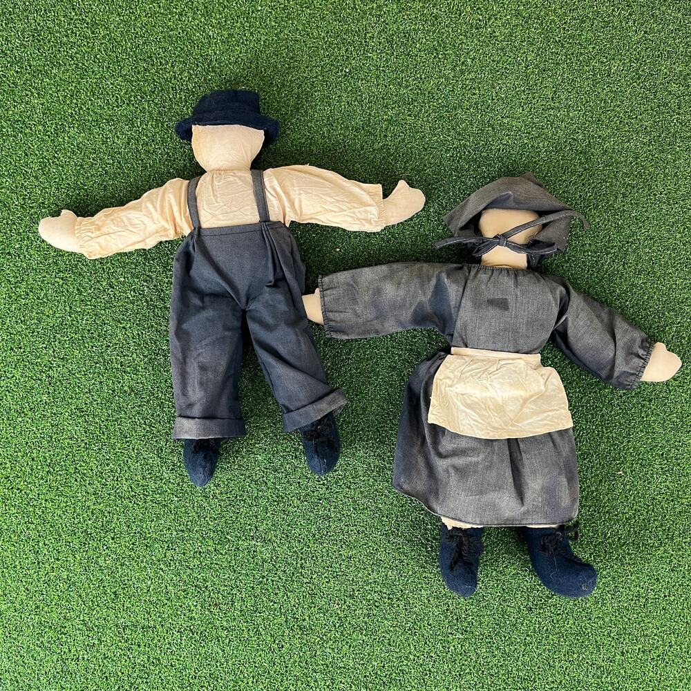Vintage Faceless Amish Cloth Rag Dolls Man Woman Pair 15" Folk Art Handmade